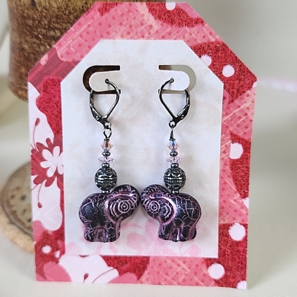 Black, Pink & Gun Metal‎ Dangle Elephant Earrings, Leverback Hooks, Handmade